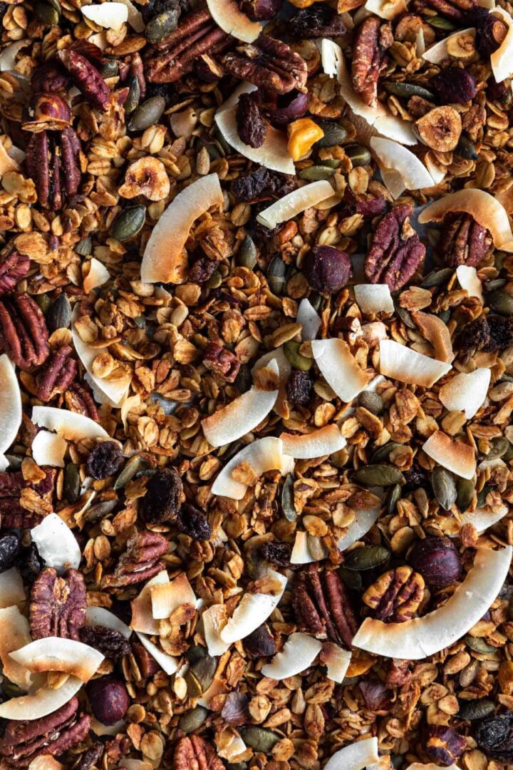 granola close up with pecan nuts, coconut chips, oats, hazelnuts, pumpkin seeds, sunflower seeds and raisins