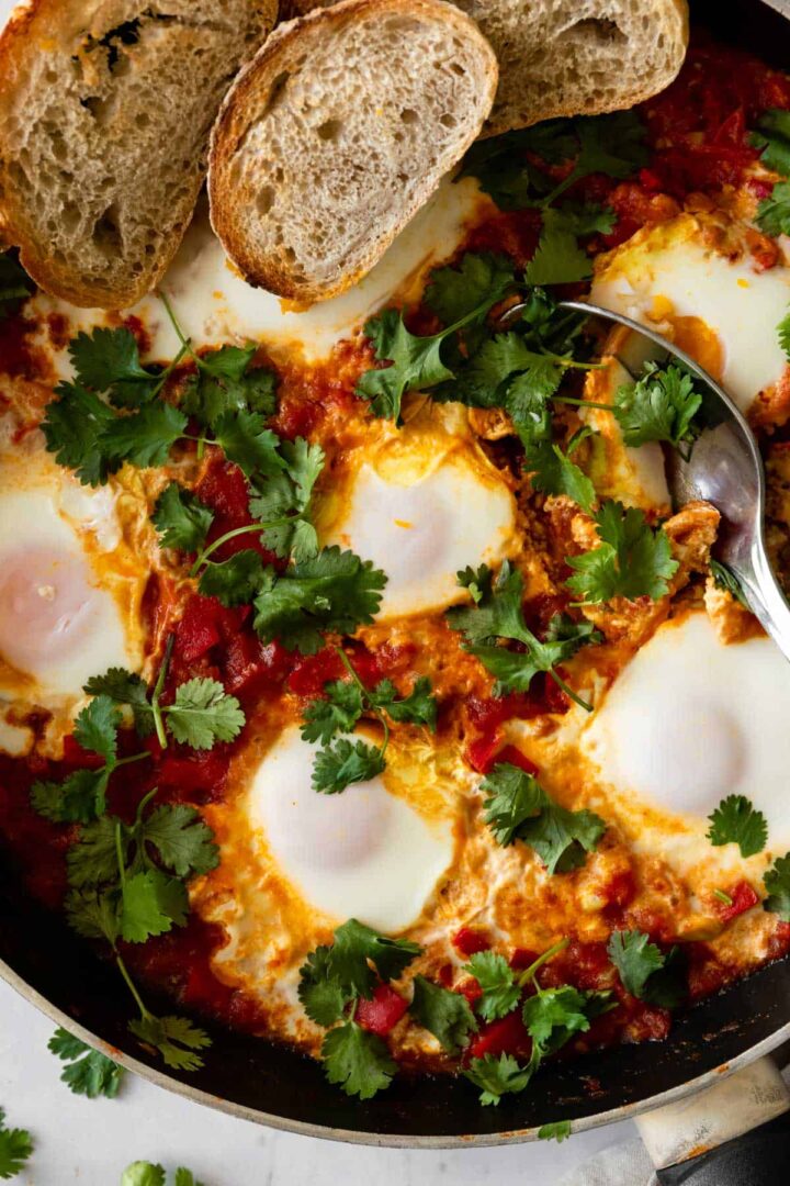 close-up of a pan with shakshuka