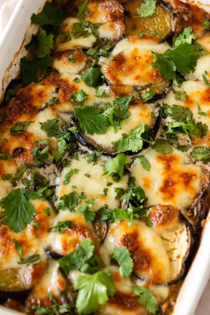 vegetable moussaka close up with chopped coriander on top