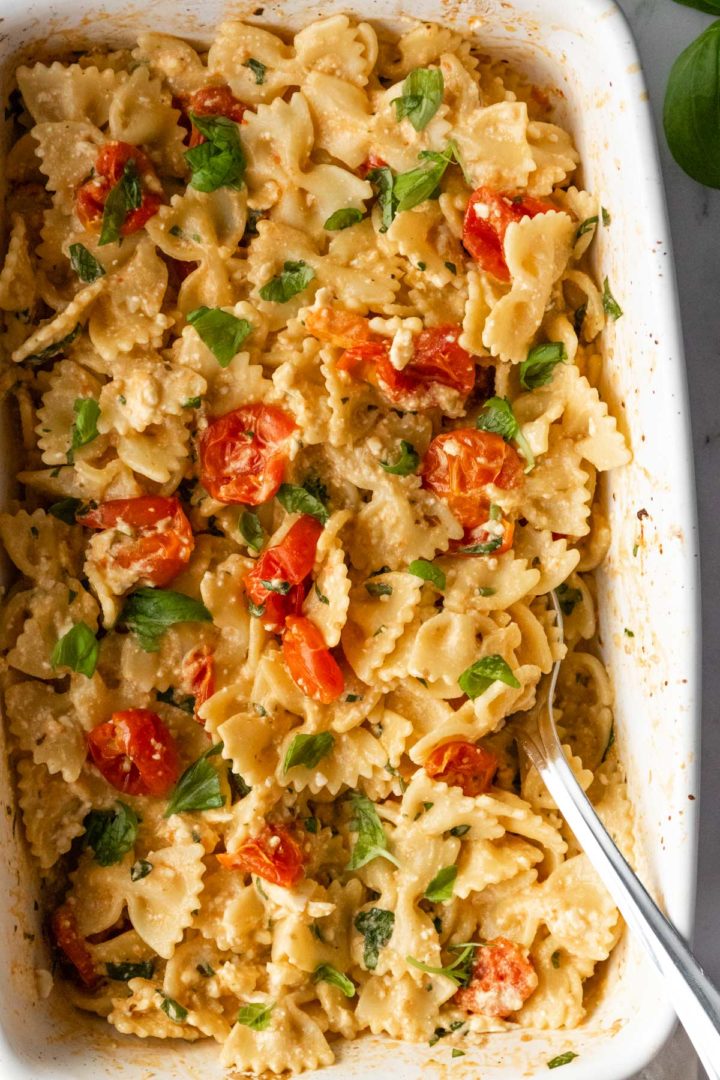 close-up of baked feta pasta