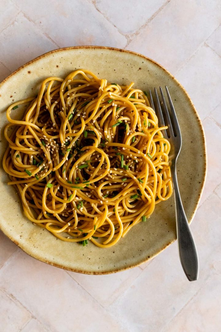 one plate served with noodles topped with sesame seeds and chopped chives