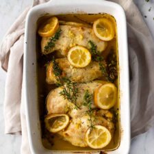 chicken breast on a baking dish after going to the oven
