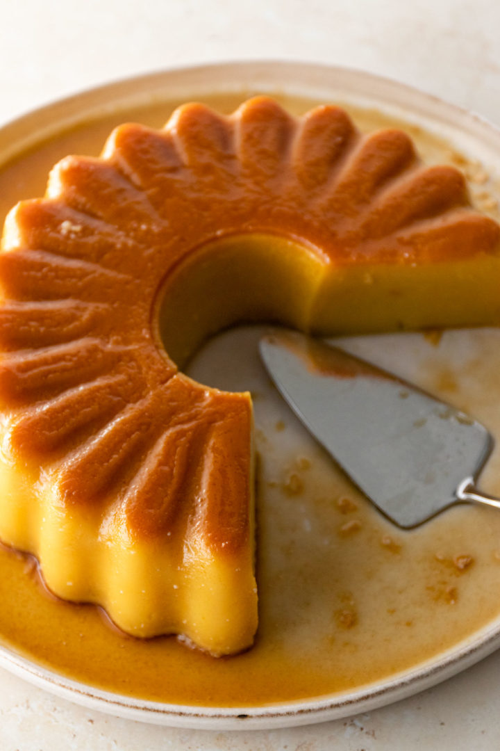 close up of a coconut pudding on a large plate