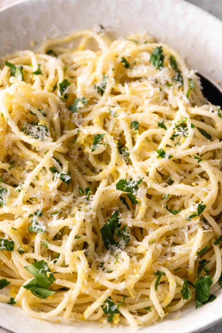 close-up of a bowl with lemon spaghetti