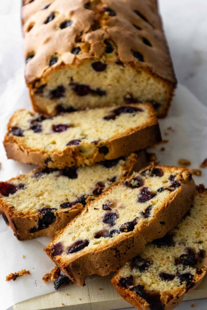 close up of a lemon blueberry bread cut into slices