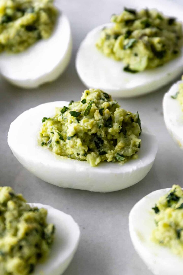 close up of avocado deviled eggs