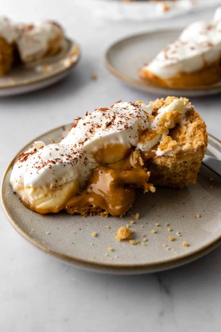 3 plates with one slice of banoffee pie each