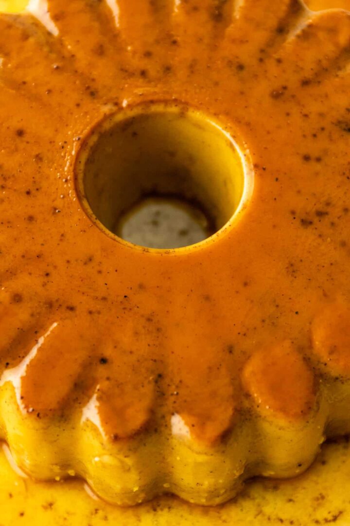 close-up of a pumpkin spice flan with caramel