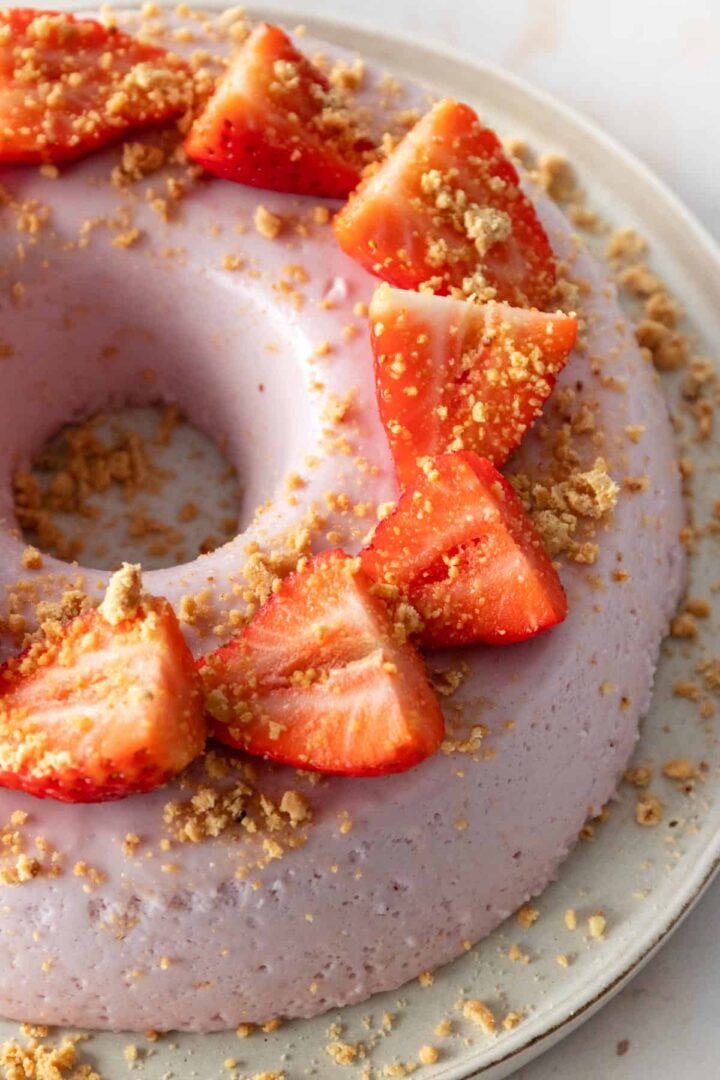close-up of a strawberry pudding cake