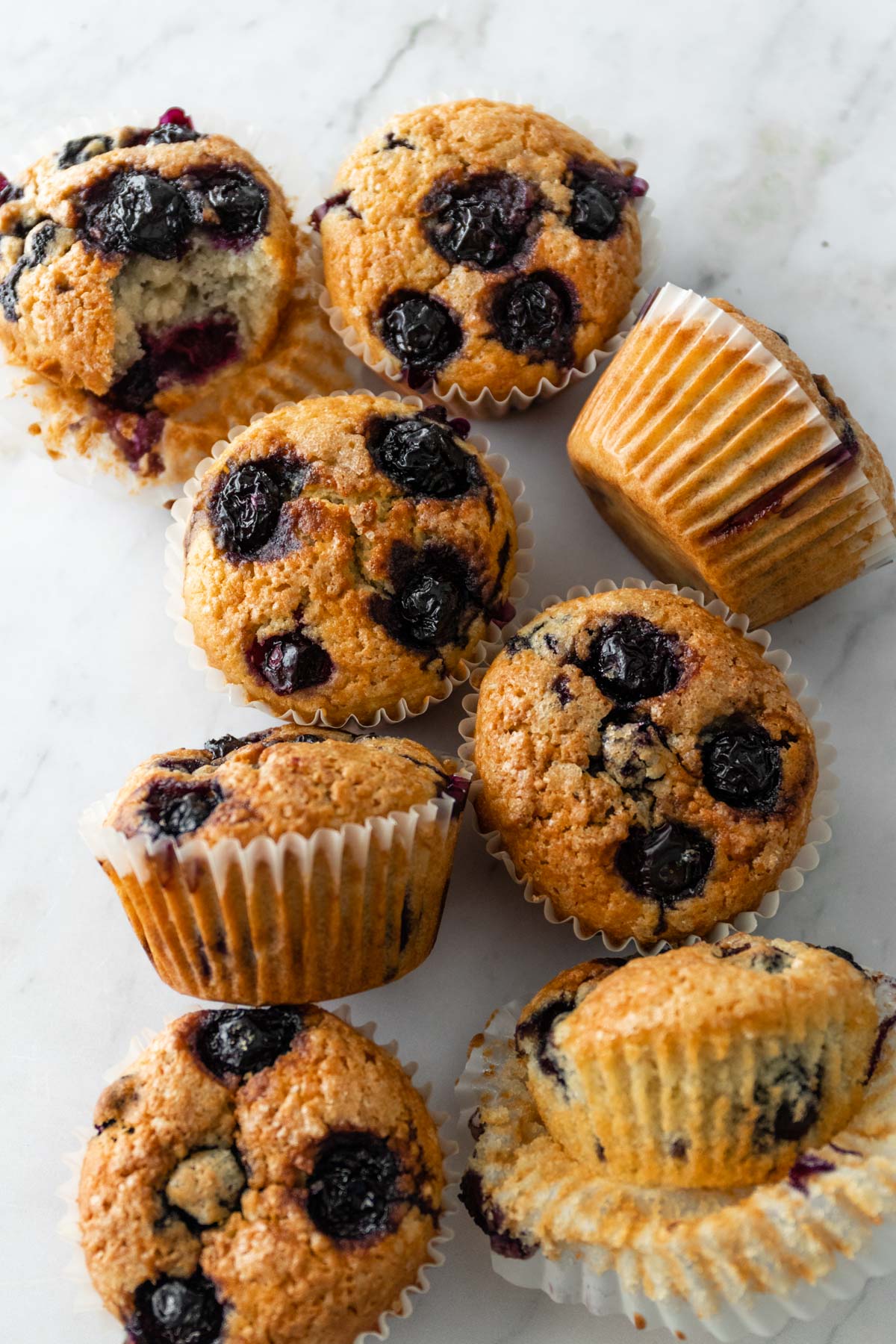 blueberry muffins on a marble top